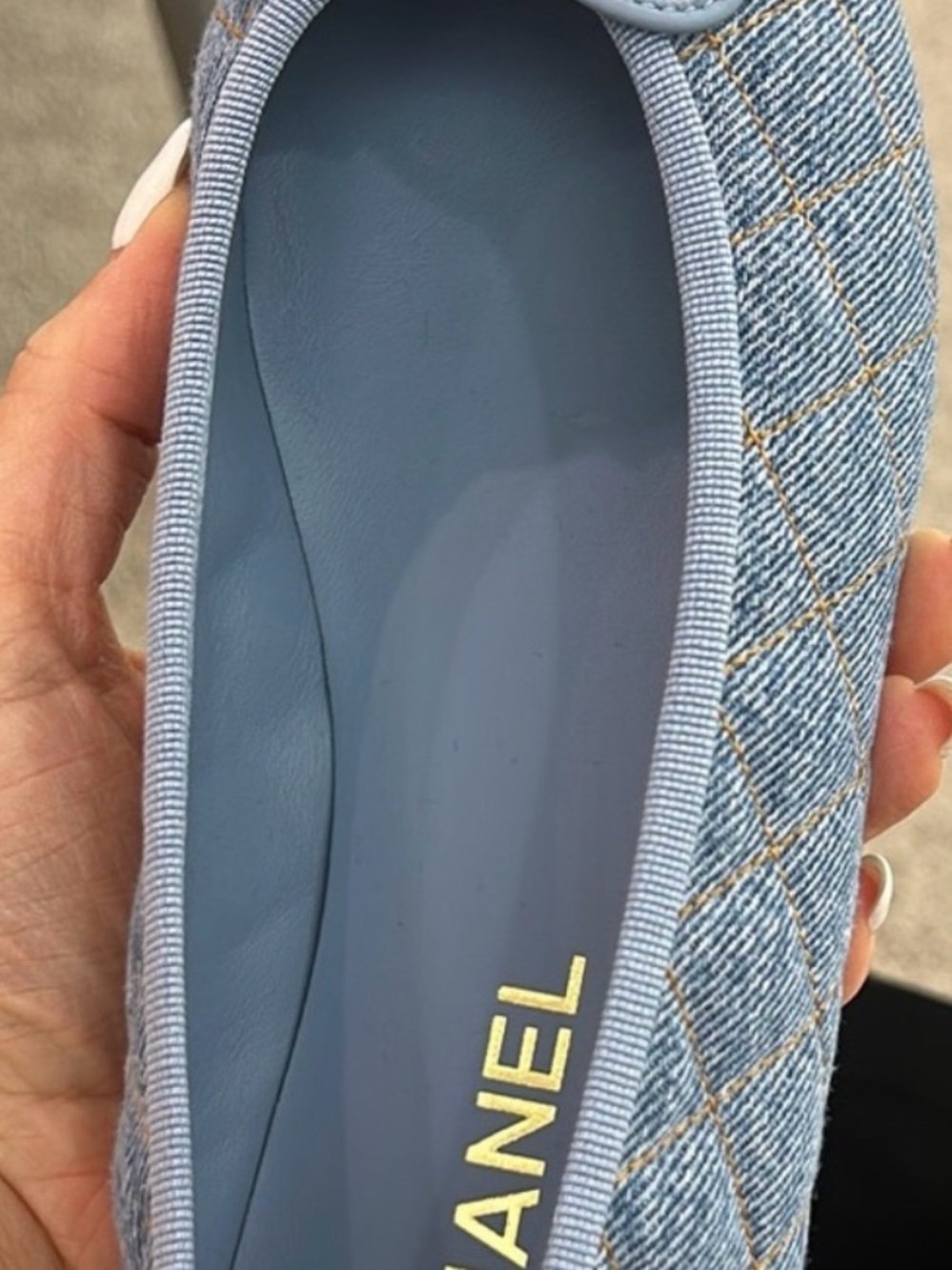 CHANEL Light Blue Quilted Denim Ballet Flat with Gold Logo